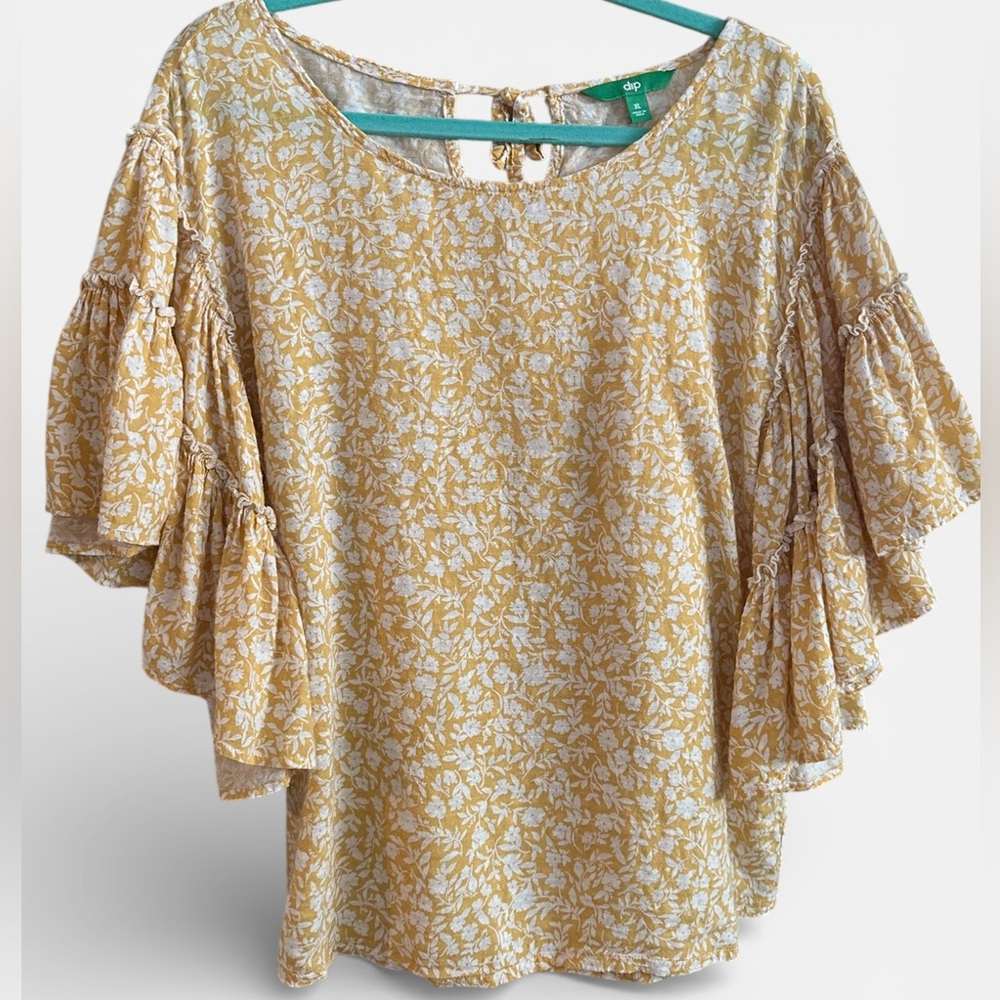 dip Yellow and White Floral Ruffle Sleeve Blouse